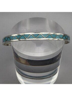 Turquoise Inlay Row Eternity Bangle Bracelet NA Signed SM Sterling Silver Sz 8